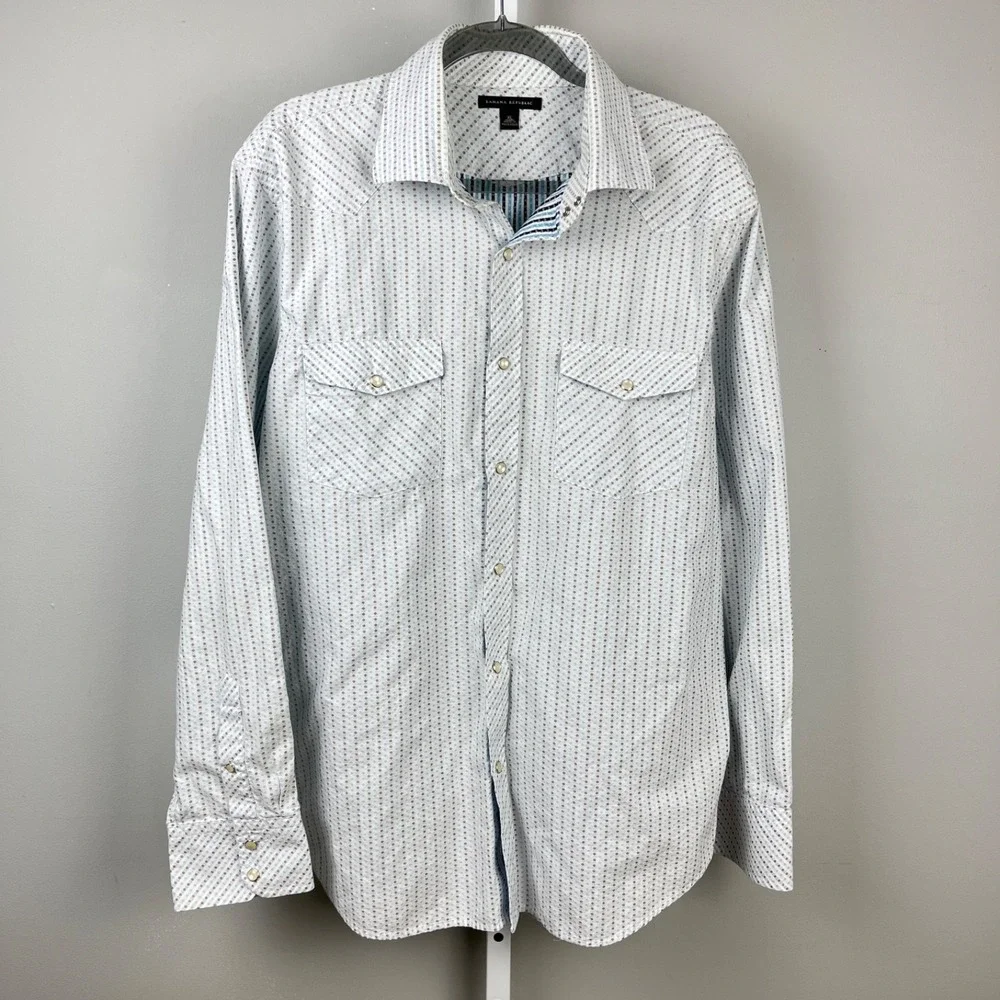 Vintage Banana Republic Pearl Snap Shirt Mens XL Blue White Long Sleeve Y2K